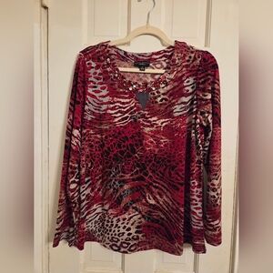 Susan Graver Artisan Elegant Red Animal Print Women's Top
